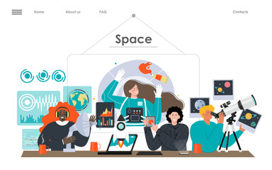 Creative people explore space technology flat vector