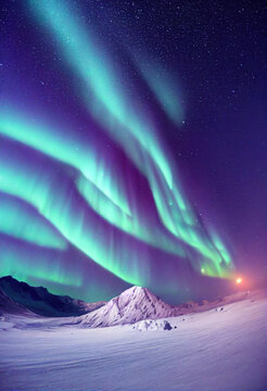 Snow mountains with background of Milky way , Huge aurora hanging in the clean dark purple night sky, sparkling stars as charming as diamonds, towering snow mountains, covered with layers of white sno