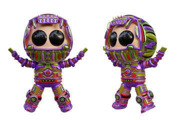 3D RENDERING ILLUSTRATION. CUTE DESIGN ROBOT CYBORG ANDROID CHARACTER ISOLATED WHITE BACKGROUND. SPACEMAN ASTRONAUT CARTOON METAL PLASTIC AI MACHINE TECHNOLOGY GAME MODEL FIGURE ART TOY.
