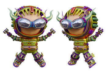 3D RENDERING ILLUSTRATION. CUTE DESIGN ROBOT CYBORG ANDROID CHARACTER ISOLATED WHITE BACKGROUND. SPACEMAN ASTRONAUT CARTOON METAL PLASTIC AI MACHINE TECHNOLOGY GAME MODEL FIGURE ART TOY.
