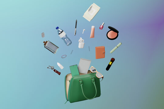 Feminine accessories coming out of a handbag. Purse contents