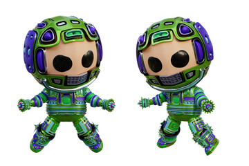 3D RENDERING ILLUSTRATION. CUTE DESIGN ROBOT CYBORG ANDROID CHARACTER ISOLATED WHITE BACKGROUND. SPACEMAN ASTRONAUT CARTOON METAL PLASTIC AI MACHINE TECHNOLOGY GAME MODEL FIGURE ART TOY.
