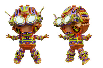 3D RENDERING ILLUSTRATION. CUTE DESIGN ROBOT CYBORG ANDROID CHARACTER ISOLATED WHITE BACKGROUND. SPACEMAN ASTRONAUT CARTOON METAL PLASTIC AI MACHINE TECHNOLOGY GAME MODEL FIGURE ART TOY.
