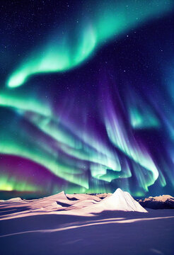 Snow mountains with background of Milky way , Huge aurora hanging in the clean dark purple night sky, sparkling stars as charming as diamonds, towering snow mountains, covered with layers of white sno