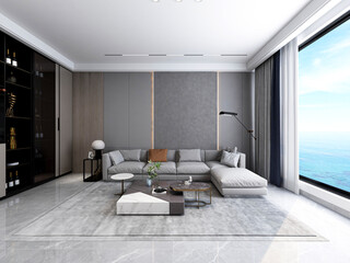 Fototapeta na wymiar 3D rendering, wooden Nordic style living room design