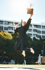 Woman graduation, jump and celebrate at college, school or university with certificate in sunshine....