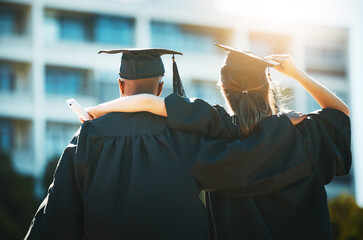 Graduation, city and students celebrating academic achievement ceremony in urban background....