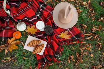 Book with croissants, coffee cups, hat and autumn pumpkins on plaid in park