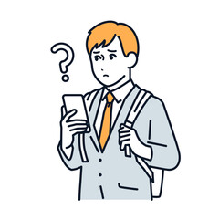 スマホを操作して疑問を持つビジネスマンのシンプルなベクターイラスト素材
