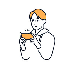 スマホでゲームをする若い男性のシンプルなベクターイラスト素材