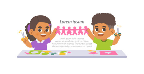 a black girl and a black boy doing the paper cut with imagination in art class on the table, illustration cartoon character vector design on white background. kid and education concept.
