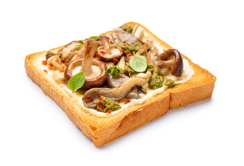 Delicious toast with cream cheese, mushrooms and pesto sauce on white background