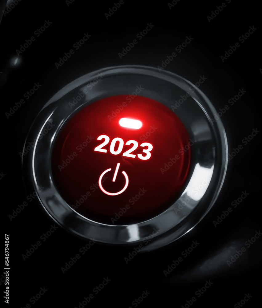 Poster 2023 new year push button with red glowing light. trendy new year concept button design backdrop