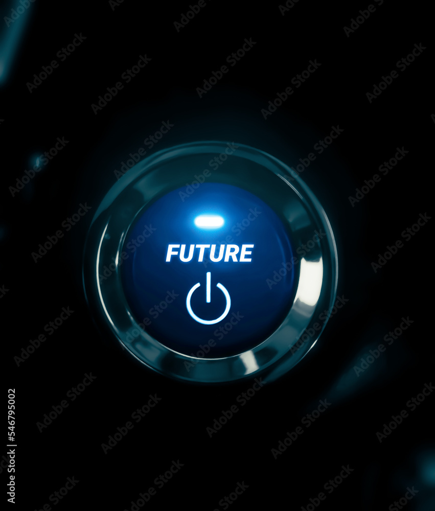 Aufkleber future button with glowing blue light background. push button to the future concept backdrop