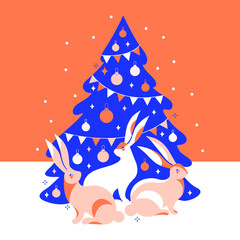 Merry Christmas and happy New year square card or banner 2023. Group of hares or bunny sitting under Christmas tree. Chinese zodiac Rabbit symbol. Vector illustration in bright trending pop style