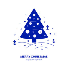 Merry Christmas and happy New Year greeting card or banner. Silhouette of a New Year Christmas tree on the background of winter landscape. Vector flat illustration in trendy geometric minimalism style