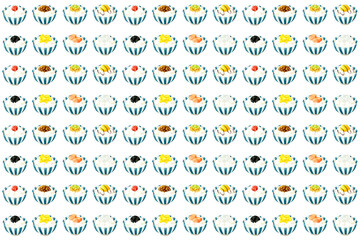 白米＆ご飯のお供のパターン　手描き水彩イラストの食べ物柄テキスタイル