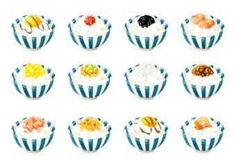 ご飯のお供をのせた白米のセット　和食の手描き水彩イラスト素材集