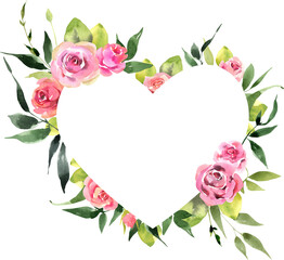 Heart frame of Pink roses watercolor illustration