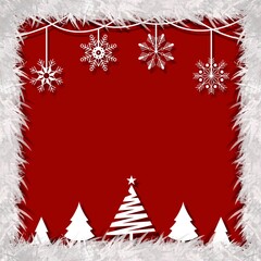 Red christmas background with snowflakes and christmas tree of the december christmas season.