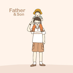 Son riding piggy back on his dad shoulders, hand drawn vector illustration