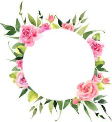 Watercolor round frame with flowers. Pink roses background