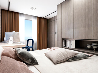 3D rendering, clean and tidy Nordic style bedroom design