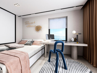 3D rendering, clean and tidy Nordic style bedroom design