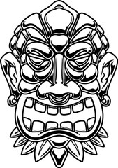 Illustration of Tiki tribal wooden mask. Design element for logo, emblem, sign, poster, card, banner. Vector illustration