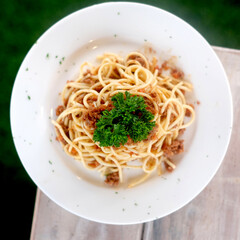 Italian spaghetti Bolognaise or Bolognese with a tomato sauce topped with grated parmesan bd fresh basil leaves in a close up view on rustic wood