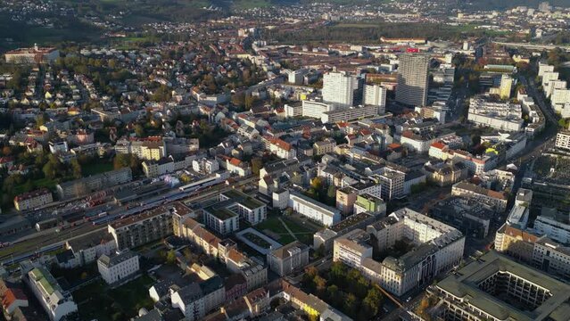 Aerial wide view around the city Linz an der Donau in Austria on a sunny autumn afternoon