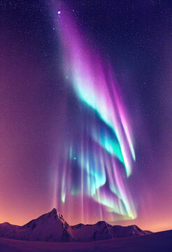 Snow mountains with background of Milky way , Huge aurora hanging in the clean dark purple night sky, sparkling stars as charming as diamonds, towering snow mountains, covered with layers of white sno