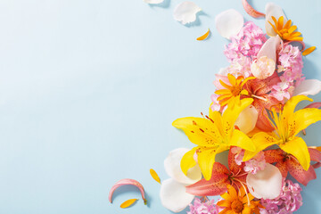 beautiful summer flowers on blue  paper background