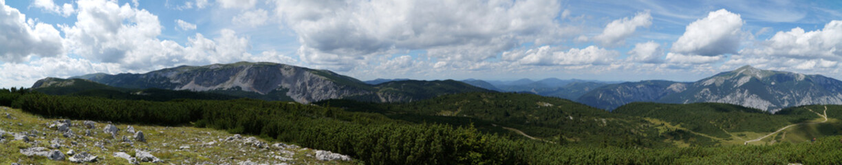 Fototapeta na wymiar Amazing mountain panoramic view of distinctive rax plateau in lower austria, austria. 