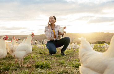 Black woman, phone call and countryside on chicken farm with smile for live stock in the outdoors....