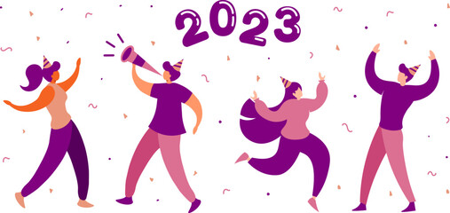 Obraz na płótnie Canvas Male And Female Characters New Year 2023 Party - Vector Illustration Set