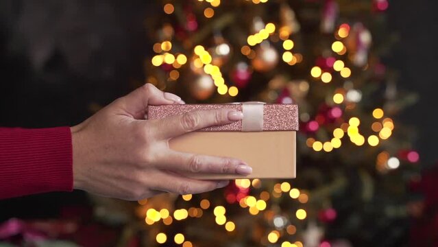 Close up of woman's hands give a gift near the Christmas tree 
