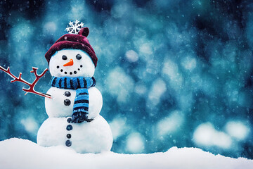 Fototapeta premium Merry Christmas and Happy New Year greeting card with copy space. Happy snowman standing in winter Christmas landscape. Snow background, bokeh, festive lights, winter wonderland, fairytale, snowfall