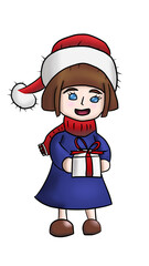 Niña de azul sosteniendo regalo con bufanda y gorro de santa Claus