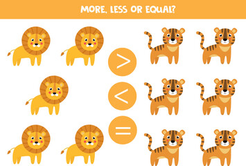 More, less or equal with cartoon lions and tigers.