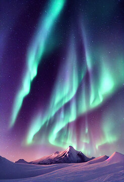 Snow mountains with background of Milky way , Huge aurora hanging in the clean dark purple night sky, sparkling stars as charming as diamonds, towering snow mountains, covered with layers of white sno