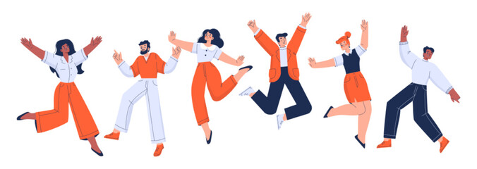 Happy office employees jump with raised arms. People characters in formal wear feel positive emotions, rejoice, celebrate victory or success isolated on white, Cartoon linear flat vector illustration