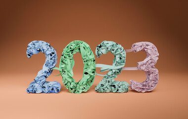 2023 new year paper tape text effect background 3D illustration design