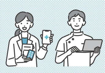 Fototapeta premium DX推進でタブレットやパソコンを持つ、福祉、医療従事者の人物のベクターイラスト素材／医者／看護師