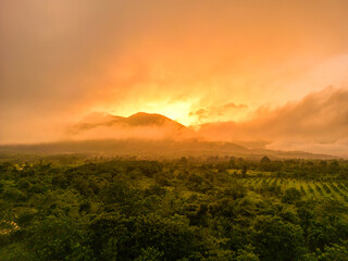 The Mountain Forest on Background of Sunset. Dramatic Sunset Sky