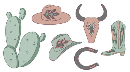 Cowboy western vector collection. Cowboy boot, hat, bull skull, horseshoe, cactus.