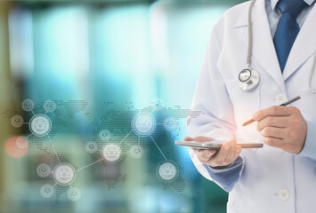 technology communication social network concept. doctor using a mobile phone contact with patient and group doctors.