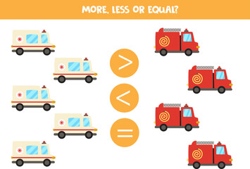More, less or equal with cartoon ambulance cars and fire trucks.
