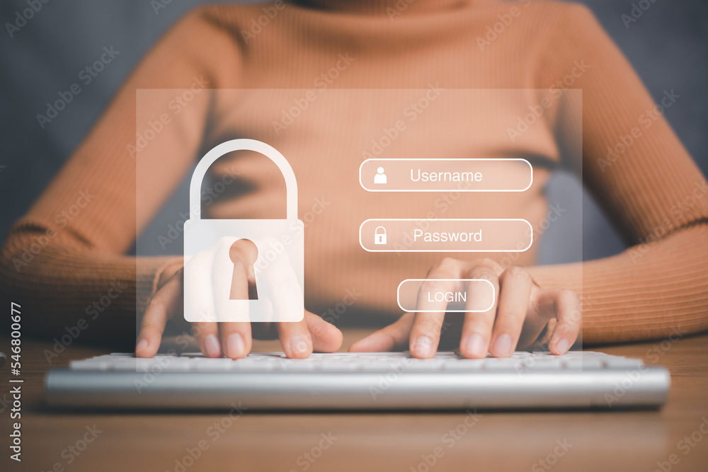 Aufkleber woman hand typing on keyboard with login and password on screen display, cyber security concept, dat