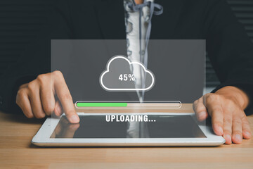 Upload data concept, Person hand using and waiting for cloud uploading on digital tablet, Data infomation, Technology network internet Concept.